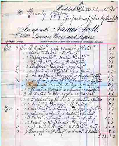 List of food supplied for Reginald Birchall.